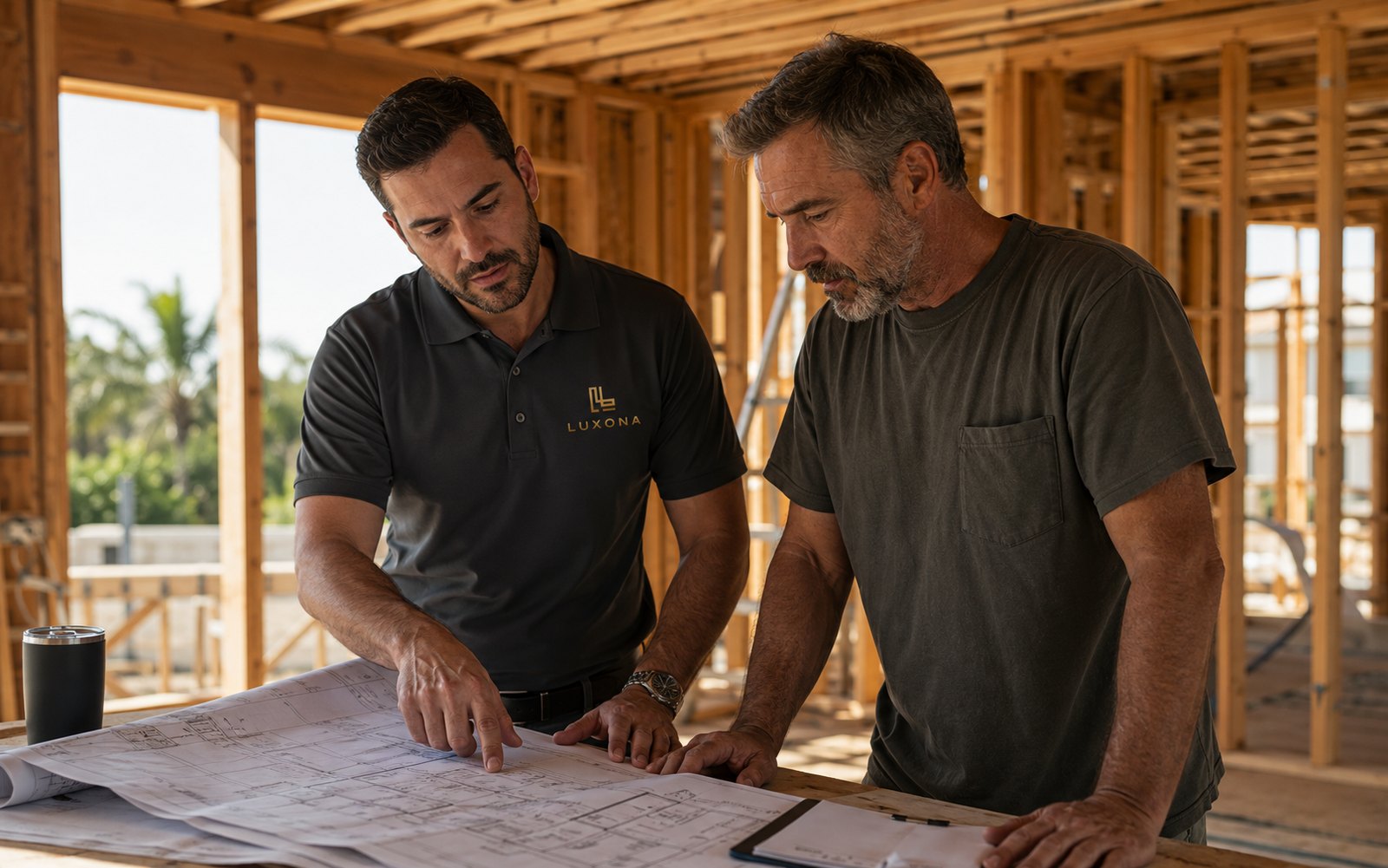 A Luxona advisor reviewing construction plans on-site with a contractor during framing