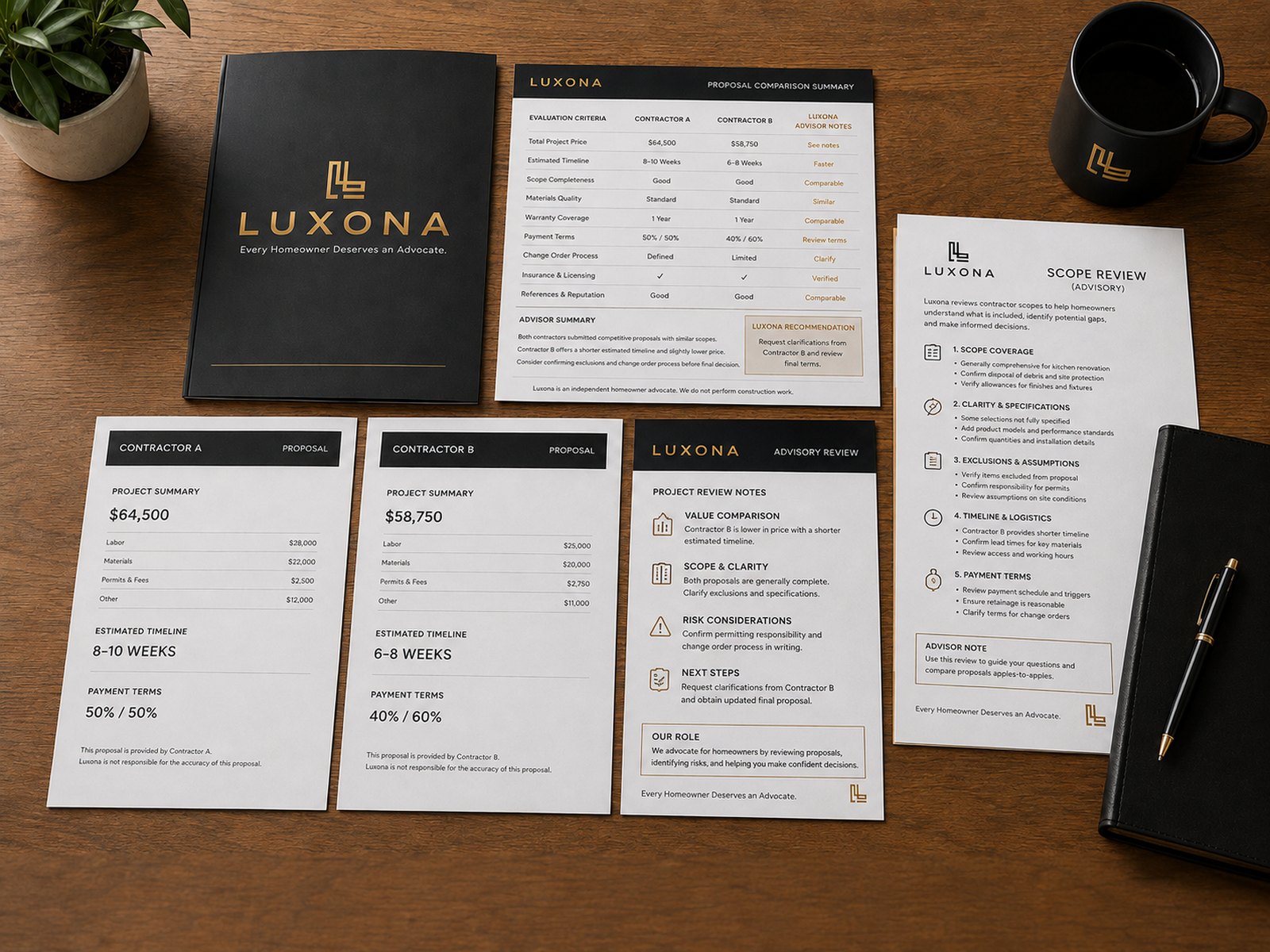 Luxona advisory documents laid out on a desk: a proposal comparison summary weighing two contractor bids side by side, a scope review, and an advisory review with recommendations
