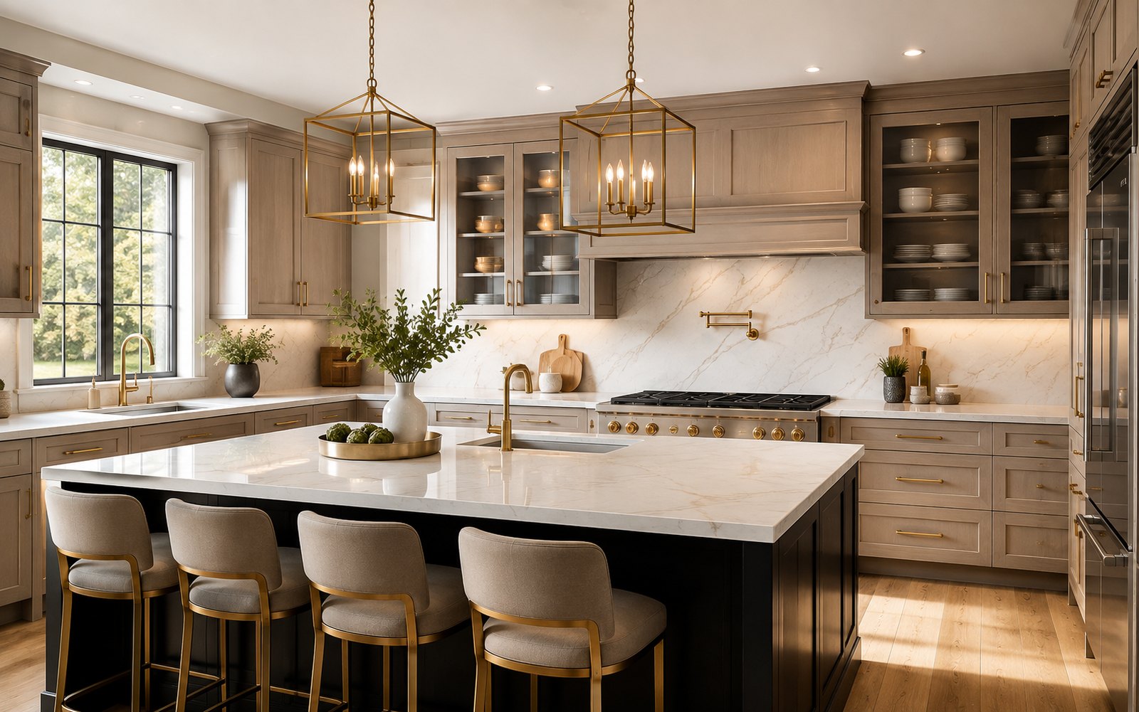 Completed kitchen renovation with custom cabinetry, stone countertops and island seating, finished to specification