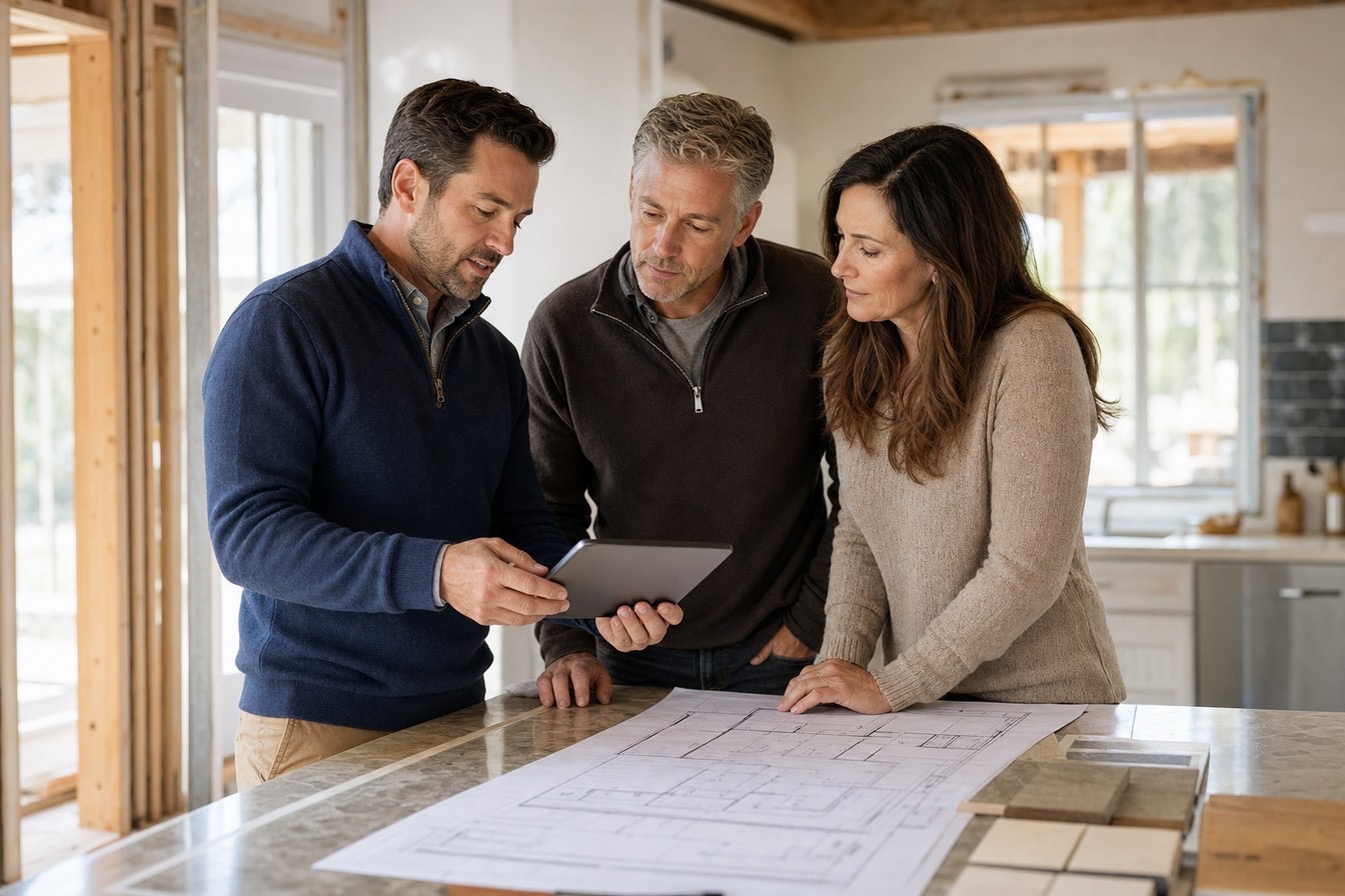Construction advisor reviewing renovation and new construction plans on-site with Tampa Bay and Gulf Coast homeowners during free consultation