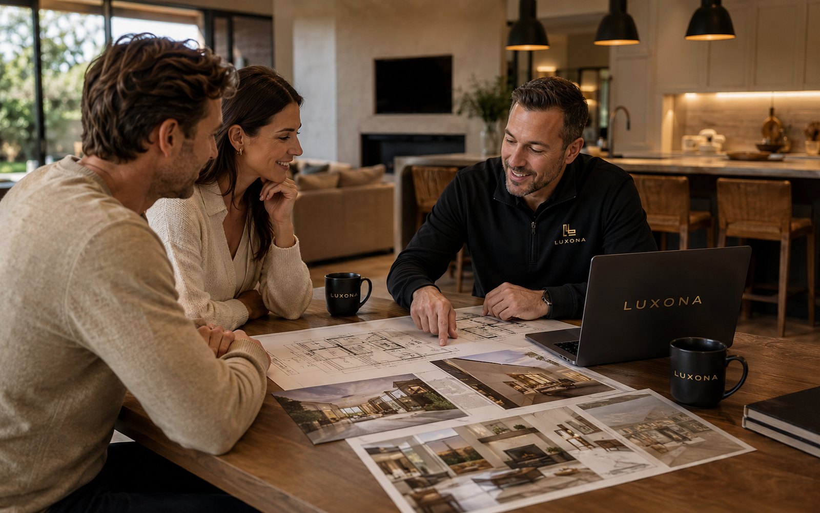 Luxona advisor sitting with homeowners at their kitchen table, going through plans and project options together