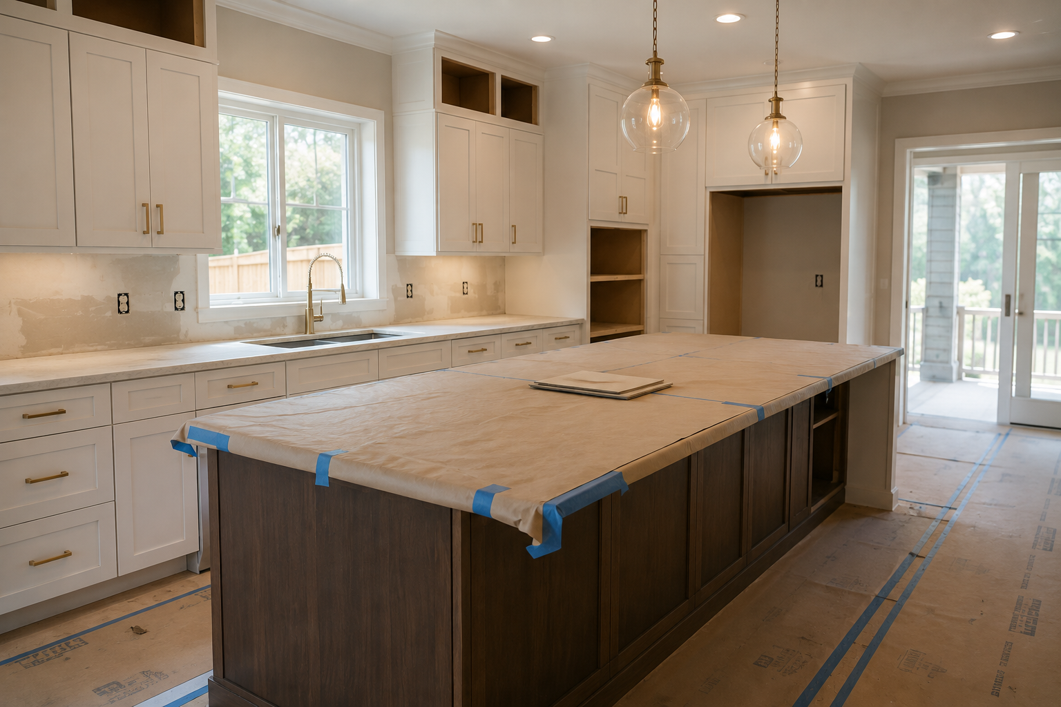 Kitchen remodel nearing completion with cabinetry installed, pendant lighting in place, and countertops protected with paper and tape during final finish work